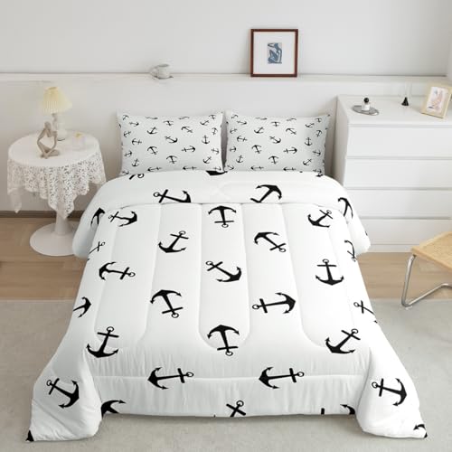 Housse de couette nautique lit simple Manfei - Linge de lit enfant motif ancre et bateau à voile