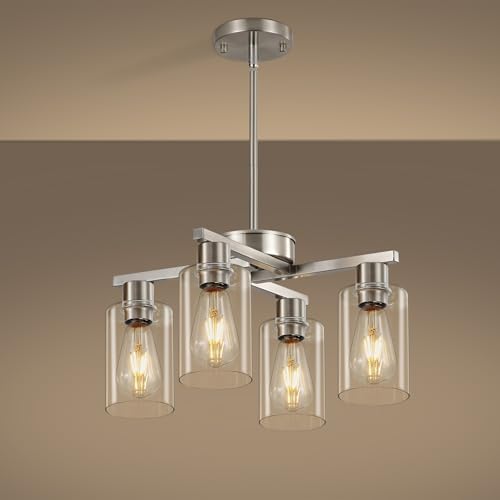 Xeruyiwa 4-Light Brushed Nickel Dining Room Light Fixture Modern Industrial Kitchen Chandelier Over Table Adjustable Height Hanging Pendant Light for Kitchen Island Entryway with Clear Glass Shade