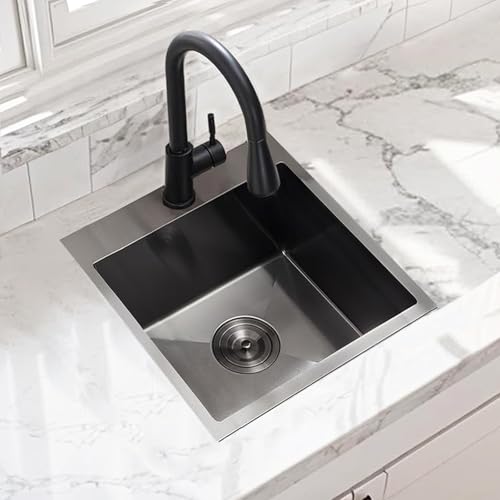 Image of 18x18 Inch Black Bar Sink Drop In, Gunmetal Black 16 Gauge Stainless Steel Small Prep Sink, Topmount Single Bowl 9 Deep RV Utility Kitchen Sinks with Drain