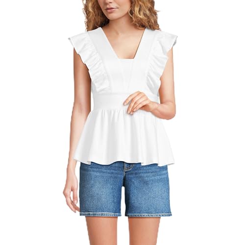 Lands' End Women's Plus Size Lightweight Jersey Ruffle Peplum Top 2X White