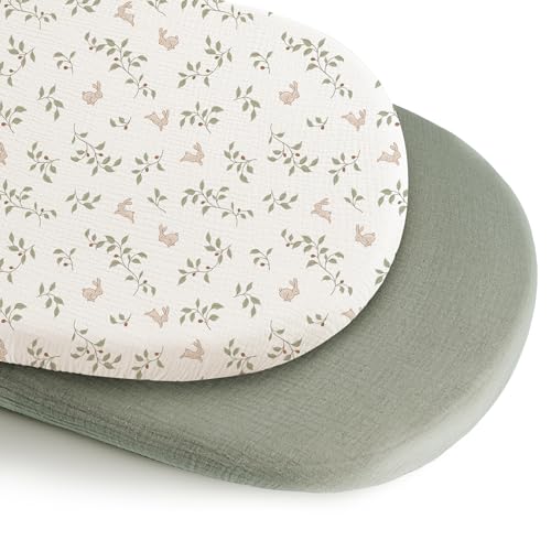 Image of Konssy 2 Pack Muslin Bassinet Sheets for Boys, Girls, 100% Cotton Soft Breathable Fitted Bassinet Mattress Sheet, 32 x 16 inches (Sprout,Fog Green)