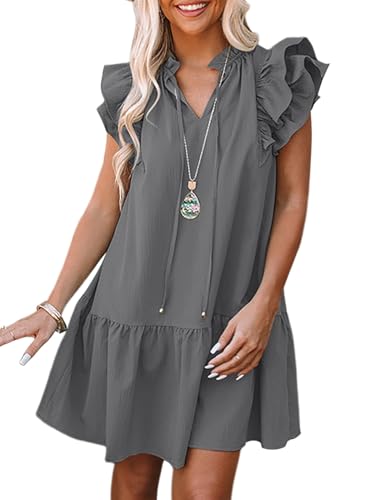 Image of Dokotoo Womens Summer Dresses 2026 V-Neck Drawstring Ruffle Cap Short Sleeve Side Pockets Mini Dress Sundress