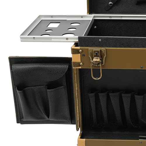 Image of Stylist Modern Rolling Hairdressing Trolley, Lockable Makeup Train Case Beauty Salon Gold Cosmetic Luggage Travel Organizer Tool Box with Hair Dryer Holder