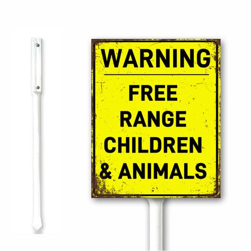 Rustic Caution Free Range Children & Animals Sign, Drive Slowly Aluminum Sign, Slow Metal plaque for Outdoor, Funny Animal Signs Pet Traffic Safety Yard Signs With Stake 18x22 CM