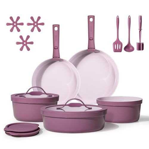 CAROTE 21PCS Ceramic Cookware Set,Pots and Pans set Non Stick,Induction Cookware Set with Removable Handle,RV Kitchen Cooking Set,Non-toxic Kitchen Cooking Set, PFAS and PFOA Free,Purple