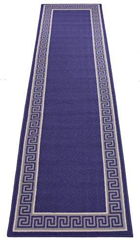 Meander Greek Key Design Navy Blue Grey Bordered Runner Rug, Slip Resistant Rubber Back 2X7 Hallway Rug Runners, Geometric Design Runner Rug #TOP8