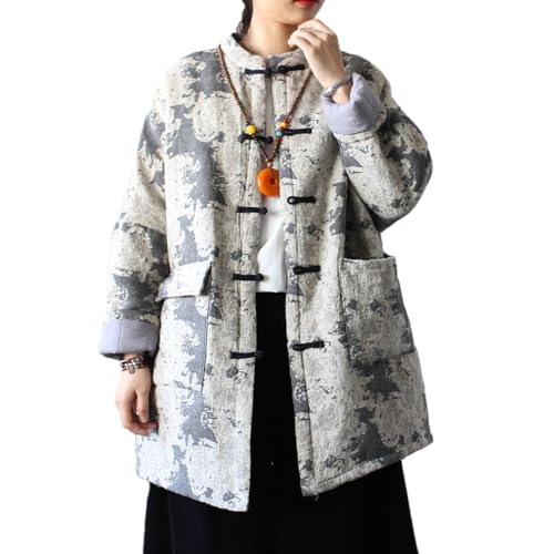 Ystylee Women Chinese Tang Suit Quilted Coat Cotton Linen Jacquard Loose Kimono Cotton Padded Jacket Outwear