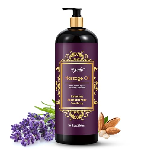 Pjordo Aromatherapy Lavender Massage Oil, 10 fl oz Relaxing Massage Oil for Massage Therapy with Grape Seed, Sweet Almond & Jojoba, Spa Quality Oils for Soothing, Calming