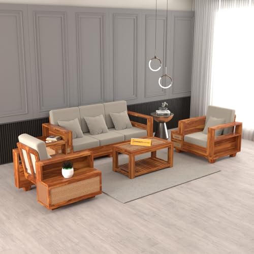 Image of sofa set 3 (Honey Finish, 5 Seater Sofa 3+1+1, Sofa with Drawer - Cane)