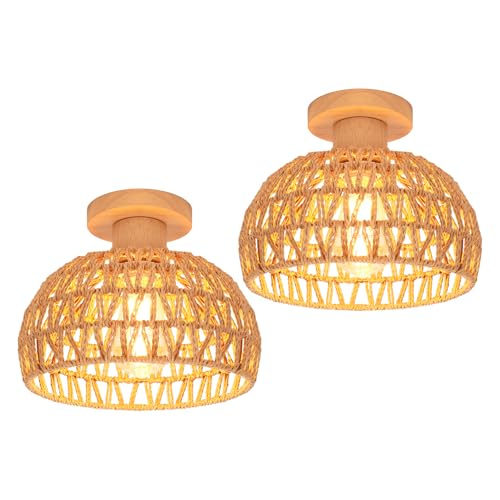 iDEGU 2 Pezzi Lampade da Soffitto in Legno 25cm Paralume Rattan Stile Boho Lampadario da Soffitto E27 Illuminazione Retrò Plafoniera Decorazione per Camera da Letto Ingresso Corridoio Caffè (Marrone)