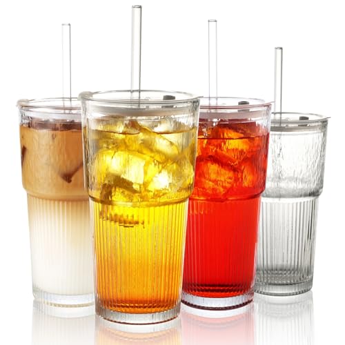 Zextira 20 oz Iridescent Glass Tumbler With Lid and Straw Set, 4 Pcs Colorful Ribbed Glass Tumbler, Reusable Iced Coffee Cups for Water, Tea, Coffee, Juice, Yogurt, And Soda Water