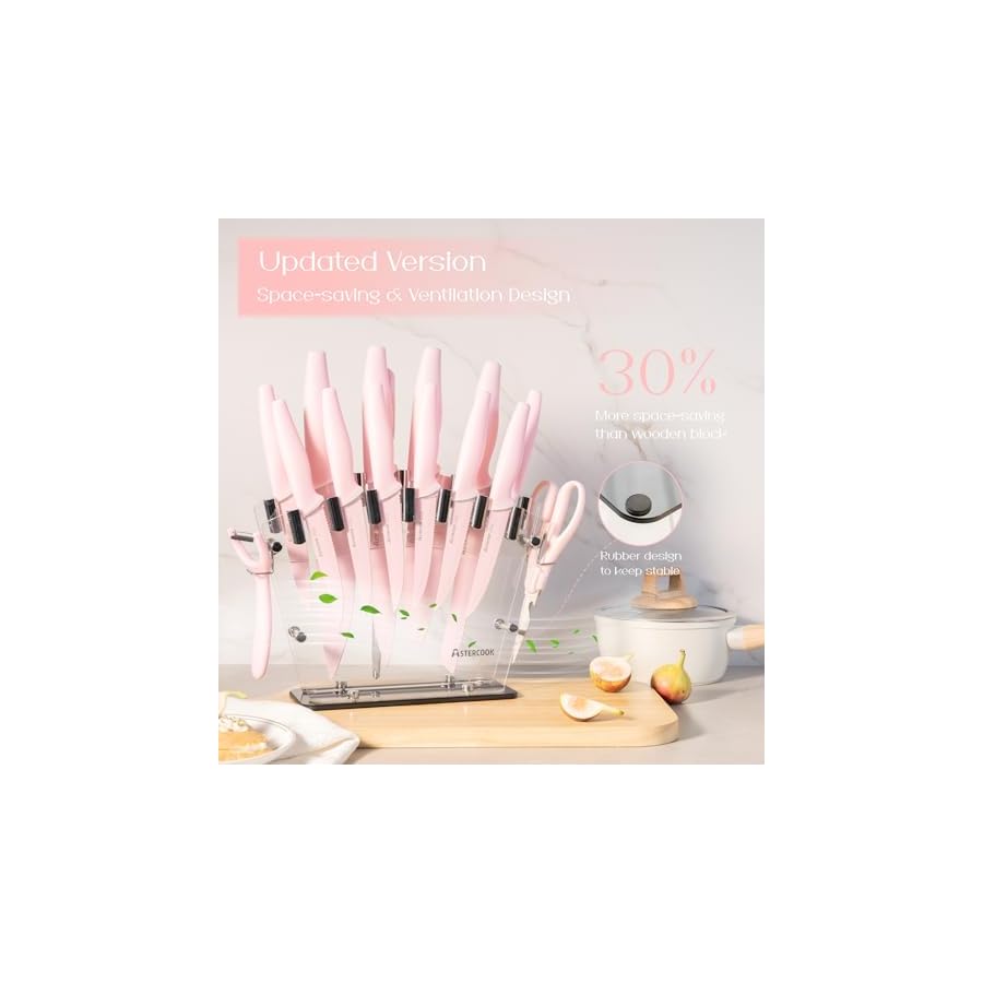 Astercook Kitchen Knife Set with Block and Sharpener 22 Piece German High Carbon Stainless Steel Knives Sharp Blade Dishwasher Safe Knife Set with Anti-slip Ergonomic Handle, Crystal Pink