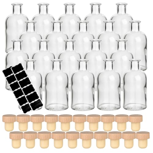 gouveo 20er Set Glasflaschen 100 ml (0 10 l) Glasflasche 100 ml Apotheker rund mit Holzgriffkorken (Korkverschluss) inkl. Etiketten Klarglas Fläschchen zum Abfüllen & Beschriften (HGK)