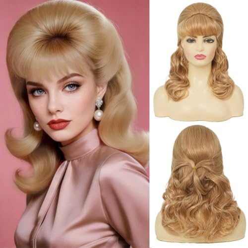 Tseses Blonde Curly Beehive Wigs for Women 1950s 1960s Vintage Long Big Bouffant Hair Wigs with Bangs for Daily Cosplay Halloween Use