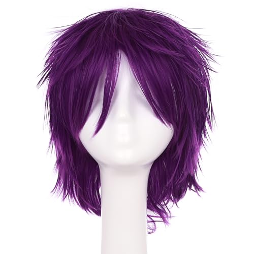 Image of S-noilite Unisex Short Purple Wig Women Men's Anime Cosplay Wigs Straight Synthetic Hair Short Layered Fluffy Pixie Full Wig for Halloween Comic-cons Costume Party (Purple)