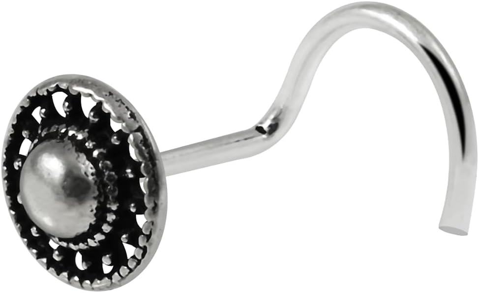 925 Sterling Silver Oxidized Vintage Wheel Design 22 Gauge Corkscrew Twist Nose Screw - Tiny Nose Stud - Silver Nose Piercing Body Jewelry
