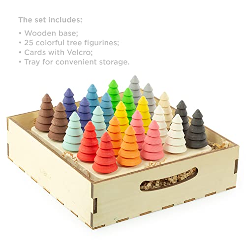 Ulanik Tannenbäume auf dem Brett Montessori Spielzeug Holzsortierspiel 25 Tannenbäume 55 mm Ab 3+ Jahre Lernspielzeug für Vorschule für Farbsortierung und Zählen
