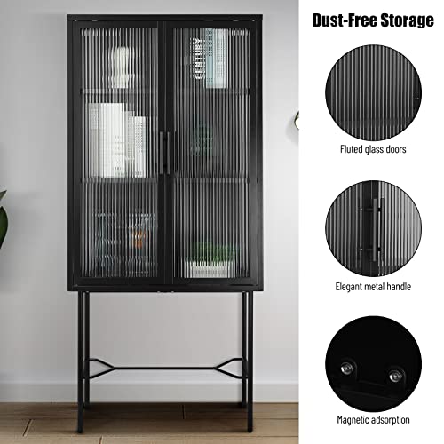 Elegant Storage Cabinet Cold-Rolled Steel Floor Storage Cabinet Sideboard 2 Tempered Glass Doors Buffet Cabinet Locker With Adjustable Shelf Metal Legs For Entryway Living Room Bedroom (Black) #TOP4
