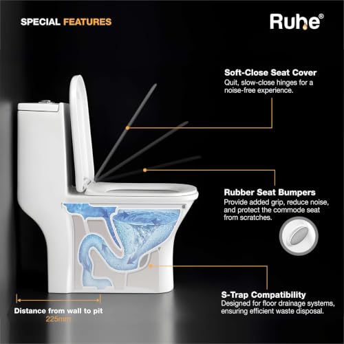 Image of Ruhe Aric One-Piece Western Toilet for Bathroom | S-Trap | White Glossy Ceramic | 27.1 x 14.3 x 29.1 inches | Soft-Close Seat Cover | Rubber Gasket Set | Dual Flushing | Siphonic Flush | Floor Mount