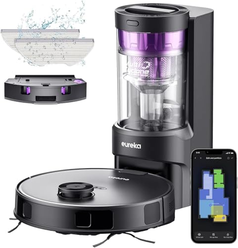 EUREKA E10s DE Saug- & Wischroboter + beutelloser Multi-Zyklon-Absaugstation (4000Pa, auto Teppicherkennung & auto Mop Lifting, LiDAR-Navigation, ideal gegen Tierhaare, App- & Sprachsteuerung) schwarz