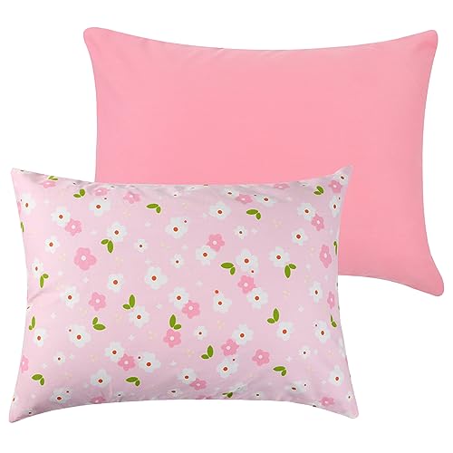 Onacosht Toddler Pillowcase 2 Pack for Girls, Ultra Soft 100% Cotton Baby Pillow Case Fits Kid Pillow Sized 13″x 18″ or 14″x19″, Zipper Style Travel Pillow Cover, Solid Pink and Floral Printing