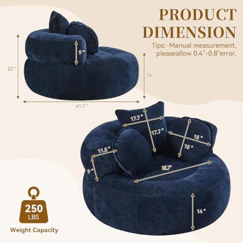 Image of WUTUTUEE Round Oversized Chair Floor Sofa Chair, Chenille Compressed Circle Chaise Lounge, No Assembly Boneless Barrel Chair, Lazy Bean Bag Couch Accent Chair for Living Room, Bedroom, Dorm,Navy