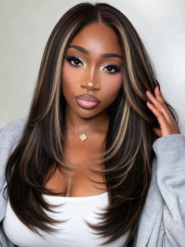 13X6 HD Lace Front Wigs Brown Highlight Straight Layered Wigs for Women