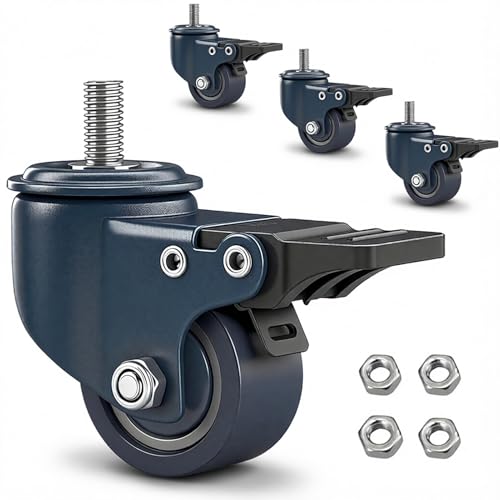 1.6 Inch M8 Stem Caster Wheels, Metric M8-1.25 Threaded Stem Casters Set of 4 Heavy Duty 450LBS Load, Locking Brake Swivel Small Castor Wheels for Furniture Carts Wire Shelving Workbench