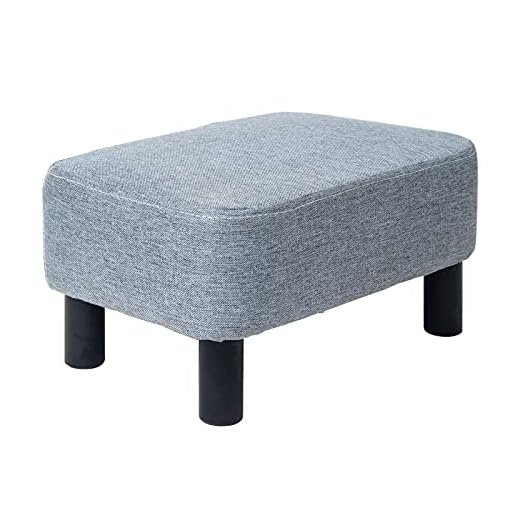 IBUYKE Small Footstool, Linen Fabric Pouf, Rectangle Ottoman with Padded Seat Pine Wood Legs and Padded, Change Shoes Stool for Living Room and Bedroom, Light Grey RF-BD214-D