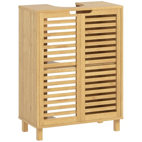 HOMCOM Waschbeckenunterschrank Badezimmer Unterschrank aus Bambus Badezimmerschrank mit 2 Lamellentüren und verstellbarem Einlegeboden, Waschtischunterschrank, Natur, 60 x 30 x 80 cm