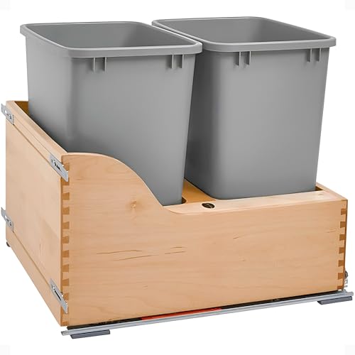 Rev-A-Shelf 4WCSC-2135DM-2 podwójny wysuwany dolny pojemnik na odpady drewniane i srebrne ze ślizgaczami SoftClose 35 l, naturalny
