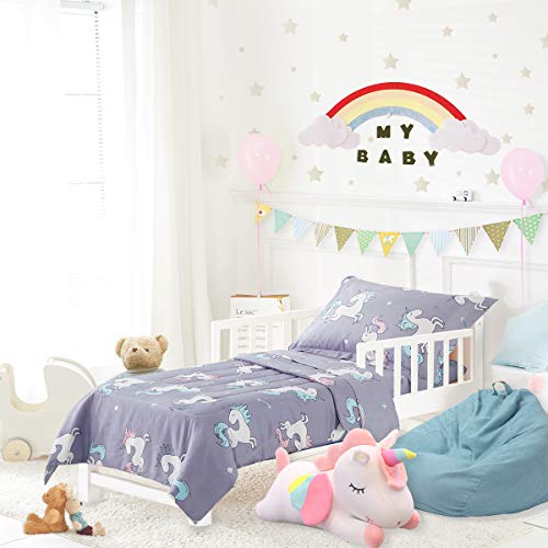 Uozzi Bedding Unicorn 4 Piece Toddler Bedding Set with Rainbow Stars Blue-Gray - Includes Adorable Quilted Comforter, Fitted Sheet, Top Sheet, and Pillow Case for Girls Boys Bed