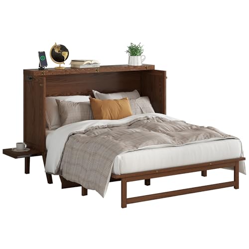 DNChuan Queen Size Murphy Cabinet Bed with Desk Combo, Foldable Platform Bed with 2 Storage Removable Shelves and USB-Port, Space Saving for Small Room, No Box Spring Required, Walnut
