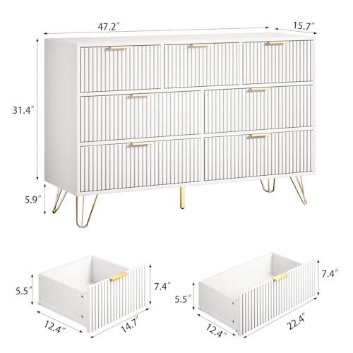 Modern White Dresser with Gold Pulls and 7 Drawers