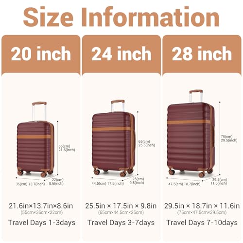 Kono Luggage Set 3 Pieces Expandable PC ABS Durable Suitcase Hardside with Double Spinner Wheels Tsa Lock Burgundy(20in/24in/28in)3