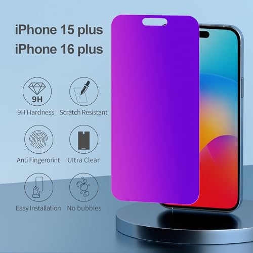 Image of PDDKISS Compatible for iPhone 15 Plus /iPhone 16 Plus Privacy Screen Protector Tempered Glass 6.7 Inch, Purple Gradient Anti Spy Anti Blue Light HD Easy Installation