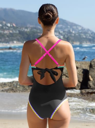 Image of popvil Women One Piece Swimsuit Colorblock Ruched Bathing Suit | Adjustable slider straps, Multi neon trim, Long torso, Detachable padding, Quick dry fabric, Beach Vacation