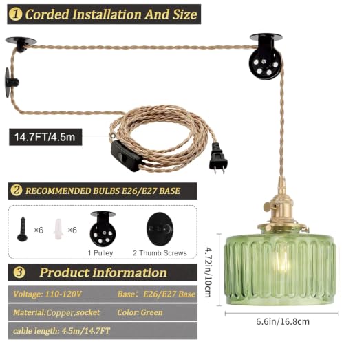 Image of Shenmoyl Plug in Pendant Light Hanging Light Fixture Corded On /Off Switch Brass Pendant Light with Green Striped Glass Lampshade for Bedroom Living Room Kitchen Island