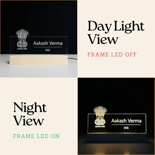 Image of WOWOOD Personalized LED Desk Name Plate for IAS Officer Custom Acrylic Name Sign with Satyamev Jayate Emblem Office Table Decor Light, Civil Services Gift for Men Women (10 x 6 inch) (For IAS Officer)