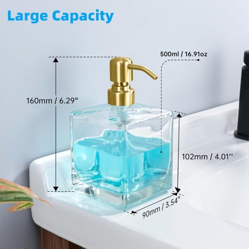 Image of Square Soap Dispenser Brushed Gold Pump, 16.9 oz | Glass Bottle, Stainless Steel Pump, Cube, Large Capacity, Liquid Hand Soap Dispenser Bathroom Kitchen