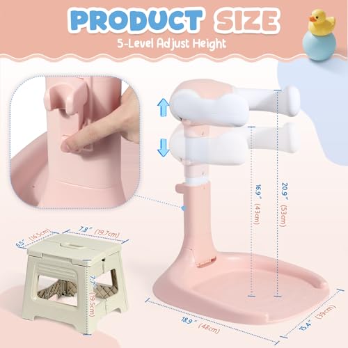 Image of Orzbow Baby Shower Stand, Collapsible Baby Bath Stand with Foldable Chair, Adjustable Height Toddler Shower Standing Support for Infant 6-36 Months, Anti-Slip Base, Easy-Use, Pink