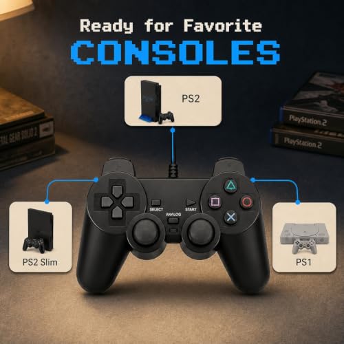 Image of Hopevry Wired PS2 Controller | 2 Pack Compatible with Sony PS2 /PS2 Slim /PS1 | PlayStation 2 Controller with Dual Vibration, Plug and Play, Ergonomic grip for extended gaming