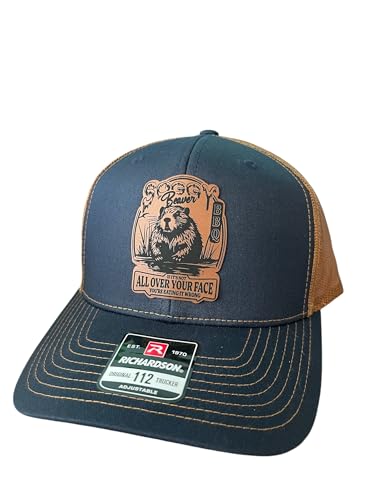BUBBLEHEAD INK Handmade Soggy Beaver BBQ Hat, Funny Trucker Hats For Men Adult Humor, Snapback Adjustable Cap, Inappropriate (Navy/Carmel)