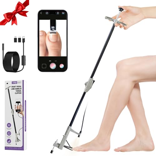 LookFox Long Handled Toenail Clippers with HD Endoscope & LED Light, 32" Foldable Aluminum, Adjustable Support Leg, Stainless Steel Blade for Thick Nails, for Seniors, Overweight and Arthritis Users