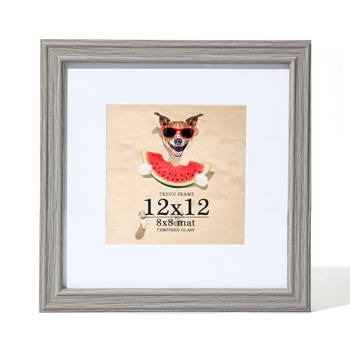 TKYGU 12x12 Picture Frame, Grey Woodgrain 12 x 12 Picture Frames Matted to 8 x 8,Square 12 x 12 Frame with Real Glass,Rustic Wooden 12x12 Photo Frame Wall for Home Decor Gifts