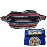 Riñonera Hippie de Tela con 3 Bolsillos + Monedero Étnico con Dibujo Árbol de la Vida Hecho en Piel (Azul)