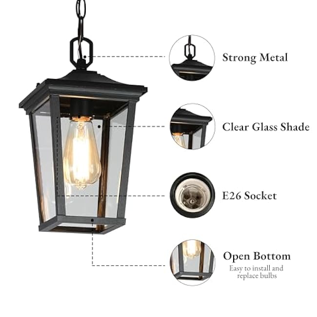 Outdoor Pendant Light Fixture, Farmhouse Exterior Anti-Rust Hanging Lights with Adjustable Chain, Black Ceiling Outdoor Light with Clear Glass, Hanging Lantern for Front Door, Entry, Porch, and Gazebo