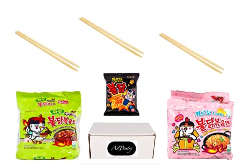 AZPantry Bundle Pack Samyang Buldak Chicken Stir Fried Ramen Korean Ramen Halal Certified (2 Flavor Combo 1X Five pack of Carbo / 1x Five Pack or jjajang) Comes with 3 sets of Chopsticks And A Snack