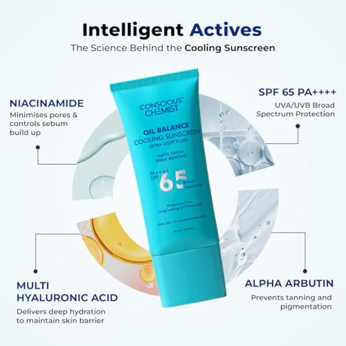 Image of Conscious Chemist Oil Balance Cooling Sunscreen SPF 65 PA++++ | In Vivo Tested | Gel Based Matte Finish with Niacinamide & Hyaluronic Acid, Sweat Resistant, Lightweight, UVA /UVB Protection | Men & Women, All Skin Type - 50ml