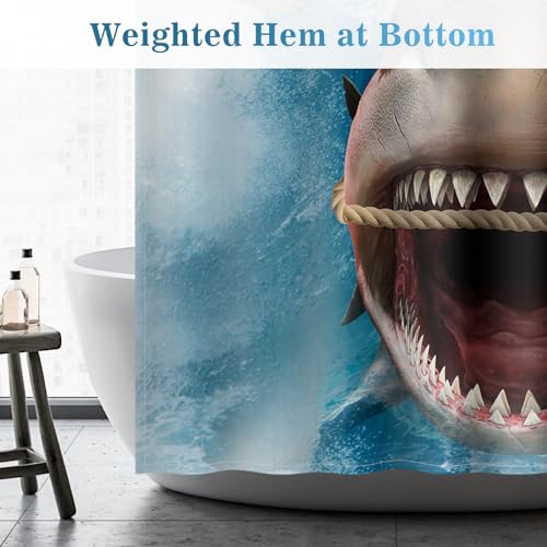 Image of Aimego Stall Small Shower Curtain - Funny Cute Cool Cat Riding Shark Ocean Wave Fun Narrow Half Fabric Cloth Shower Curtain Set for Adults Kids Bathroom Decor Accessories Bath Curtain, 36 inchx72 inch
